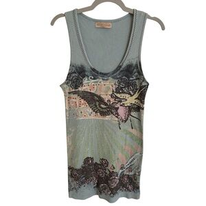 Vintage Y2K Skinny Minnie Small Ribbed Tattoo Bird Print Tank Top Grunge Green